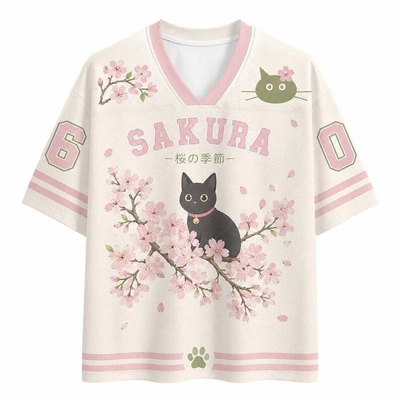2026 Summer Fashion New Gothic Cherry Blossoms Season Black Cat 3D Printing Outdoor Leisure Sports Fitness V-neck T-shirt