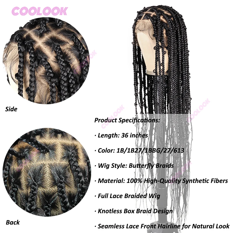 36" Long 1B27 Butterfly Braids Lace Wigs Synthetic Braided Wigs For Black Women Full Lace Knotless Box Braid Wig Dreadlock Wig