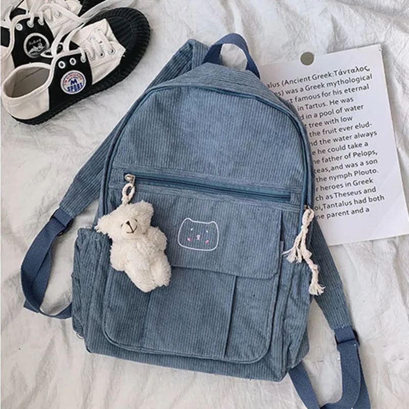 Corduroy Women Backpack Bear Printed Simple Solid Color Female Teens Schoolbag Girl Travel Shoulder Backpack Korean Style