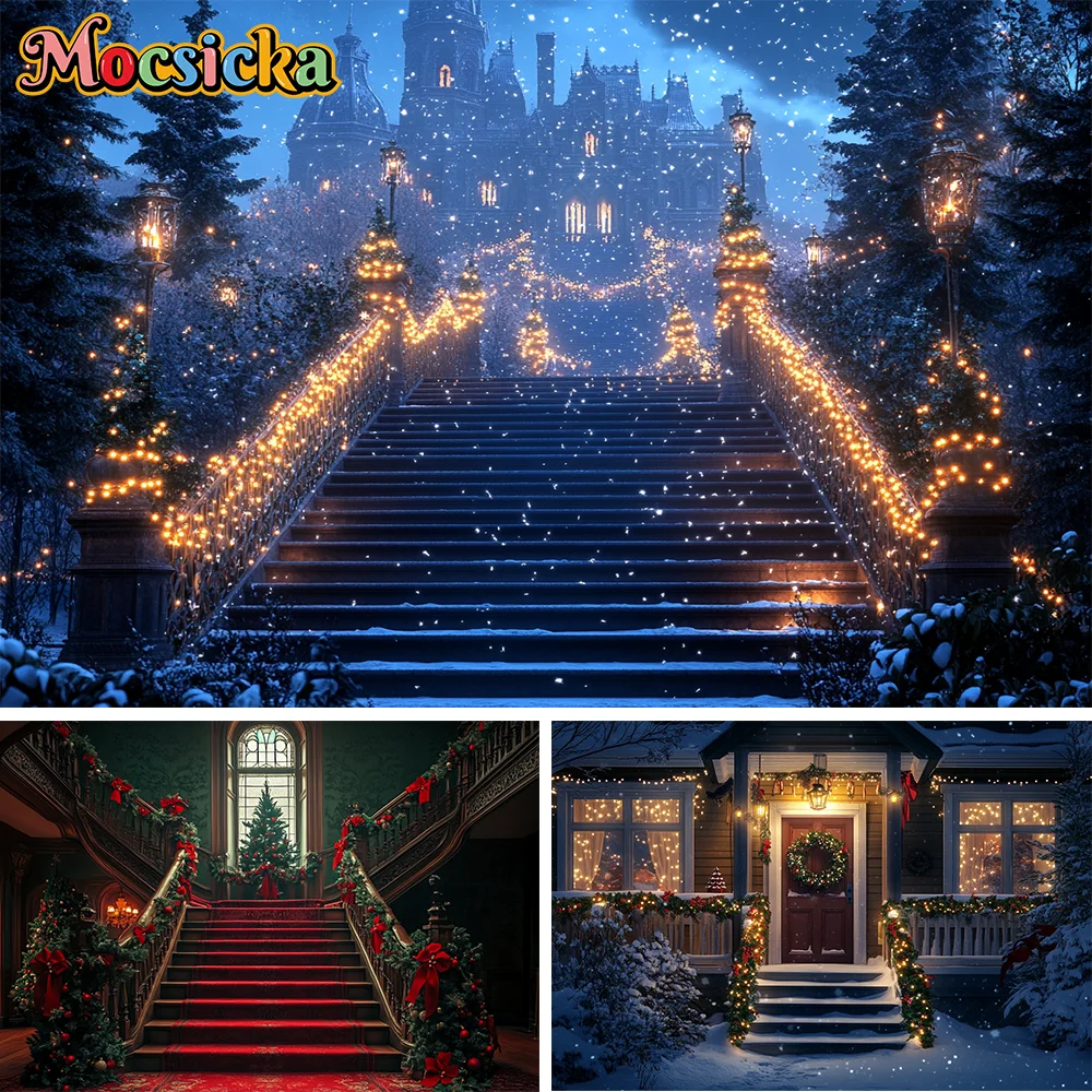

Snowy Christmas Staircase Background Photography Xmas Tree New Year's Eve Backdrop Kids Family Outdoor Photozone Studio
