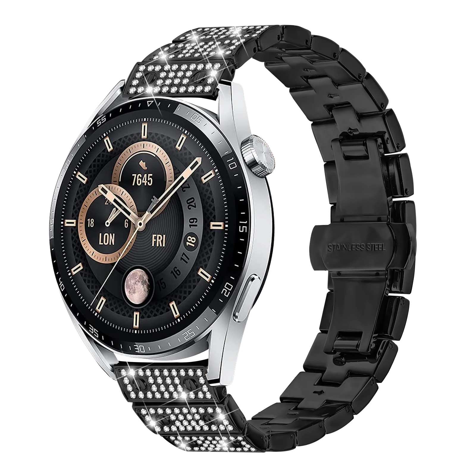 

For Honor Watch GS Pro Watch Band Alloy Metal Rhinestones Decor Strap with Butterfly Clasp - Black