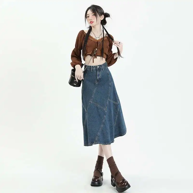 

Harajuku Autumn Fashion Casual Fishtail Skirt Design Sense Word Loose Skirt High Waist Denim Skirt Cover Cross-Half Skirt Women