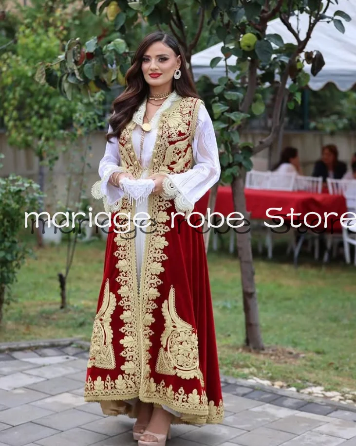 

Red Velvet Two Pieces Caftan Prom Formal Dresses Luxury Applique Long Sleeve Traditional Albanian Kosovo Evening Gown Customsize