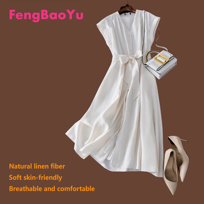 Robe chemise en lin haut de gamme pour femmes, manches chauve-souris, élégante, rafraîchissante, confortable, blanche, française, col en v, taille haute, printemps été