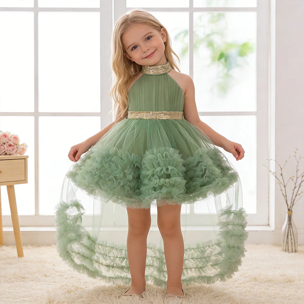 Children's formal wear black tulle princess dress with train Girls' cake dress for show performances piano recital costume3617