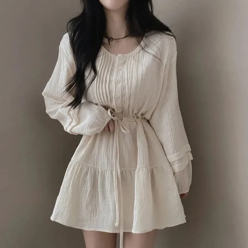 

Round Neck Mini Dress Women Summer Korean Casual Splicing Lace-up Long-sleeved Short Dress 2 Colors