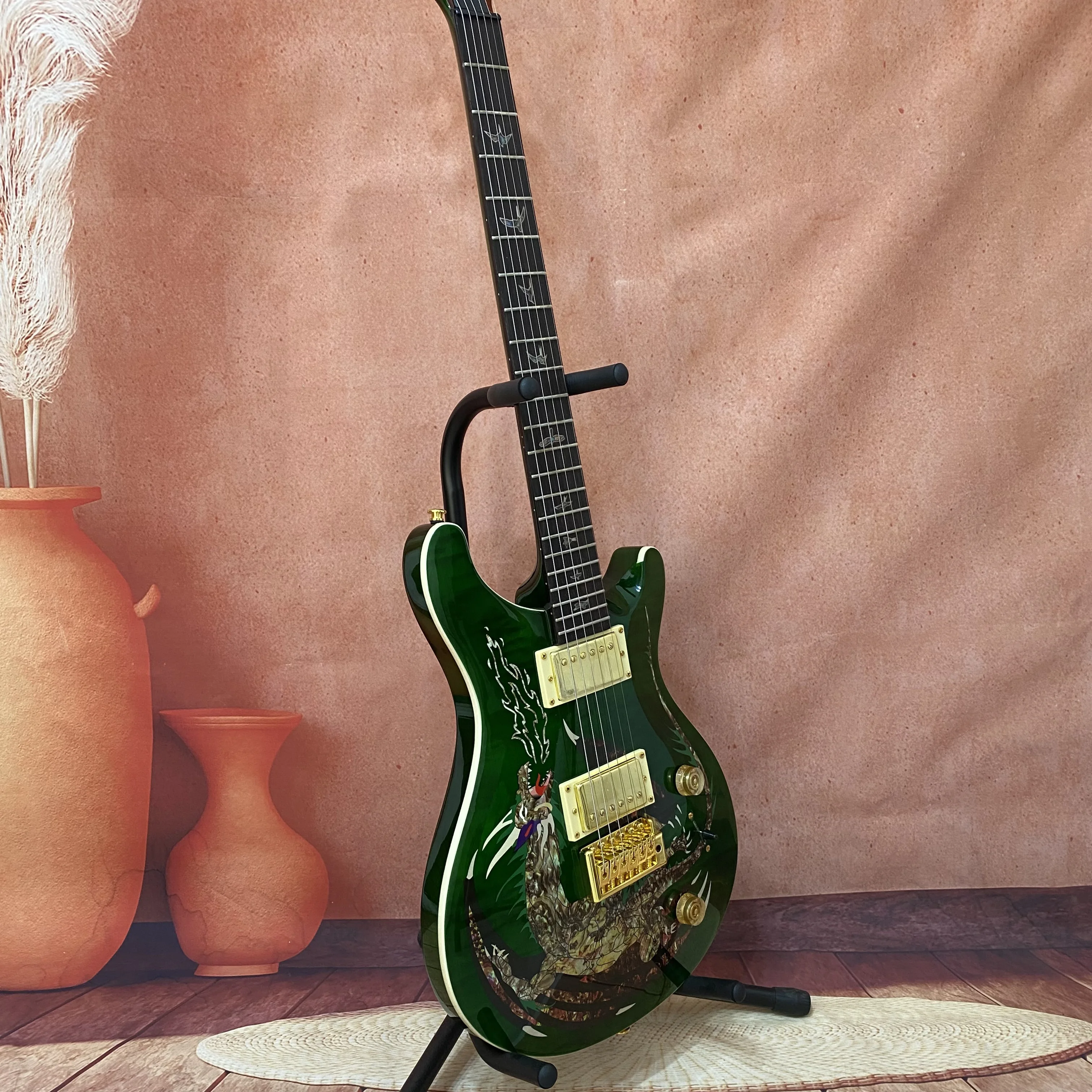 Green Dragon Inlaid PRSA Electric Guitar Special Offer HH Pickup Gold Hardware  Ideal Gift Beginners Delivery Included