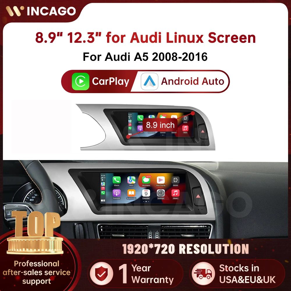 

Wincago 8.9 Inch Linux System TouchScreen Wireless CarPlay Android Auto Car Multimedia Touch Screen For Audi A5 2008-2016