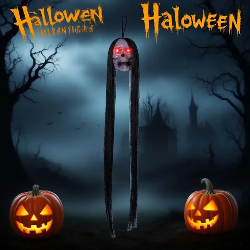 1-5 قطعة دعامة شبح معلقة للهالوين مخيفة متوهجة شعر طويل رأس شبح مخيف للمنزل المسكون مستلزمات الحفلات الداخلية والخارجية
