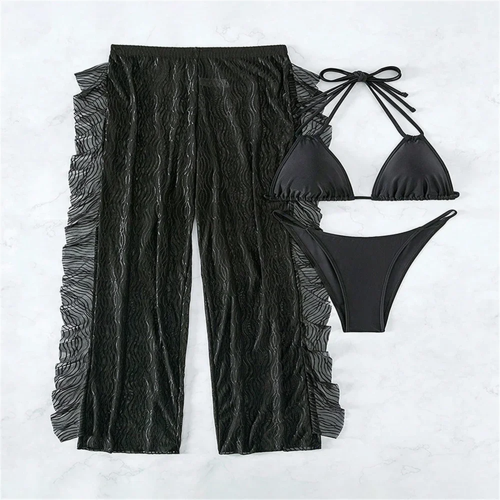

Shiny Black Pants Jacquard Ruffled Bikini Hatler String Backless Y2K Swimsuit Vacation Swimwears Women Beach Outfit Bathing Suit