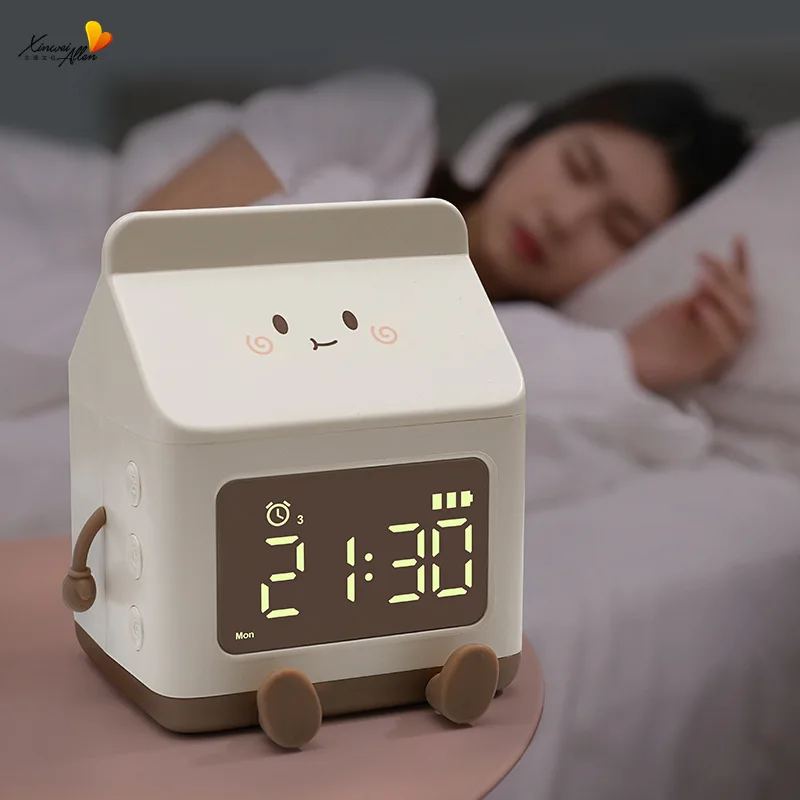 Despertador con Diseño de Cartón de Leche de Dibujos Animados para Estudiantes, Reloj Multifunción para Dormitorio, Despertador Parlante 2026