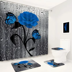 4 in 1 Bathroom Accessories Set Digital Printed Shower Curtain Anti Slip Floor Mat Toilet Cover Waterproof Floral Decoration