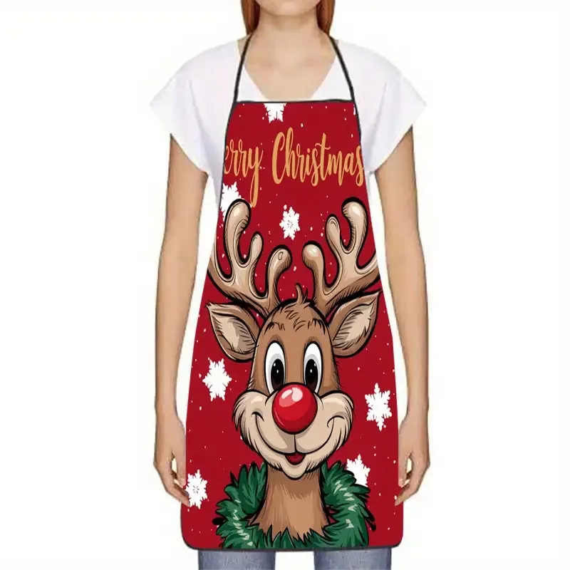 Festive Reindeer Christmas Apron - Made of Polyester with 'Merry Christmas' Text, Red Holiday Design for Baking And Cooking