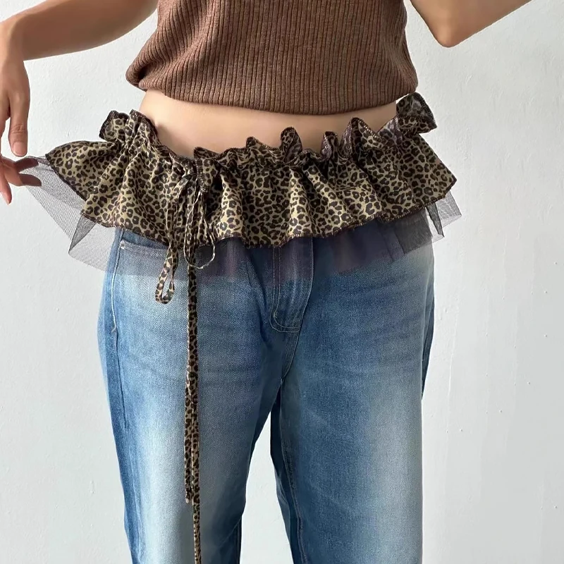 Mode Retro Leopard Print Mesh Gürtel Frauen Chic Spitze Rüschen Layering Taille Rock