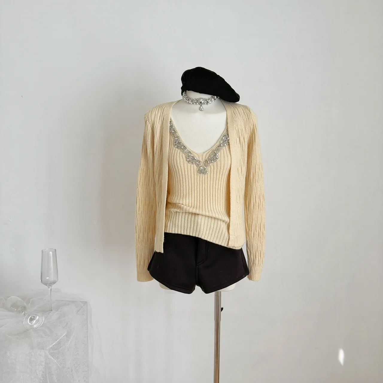 

Женский осенне-зимний комплект из двух предметов, женский кардиган с длинными рукавами и открытой строчкой, верхняя одежда + тонкая бретелька с ромбовидным V-образным вырезом