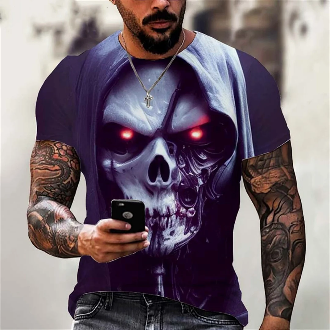 Novo 3d impresso t camisa masculina verão vintage crânio impressão topos diabo manga curta moda o pescoço rua camisas de grandes dimensões dos homens