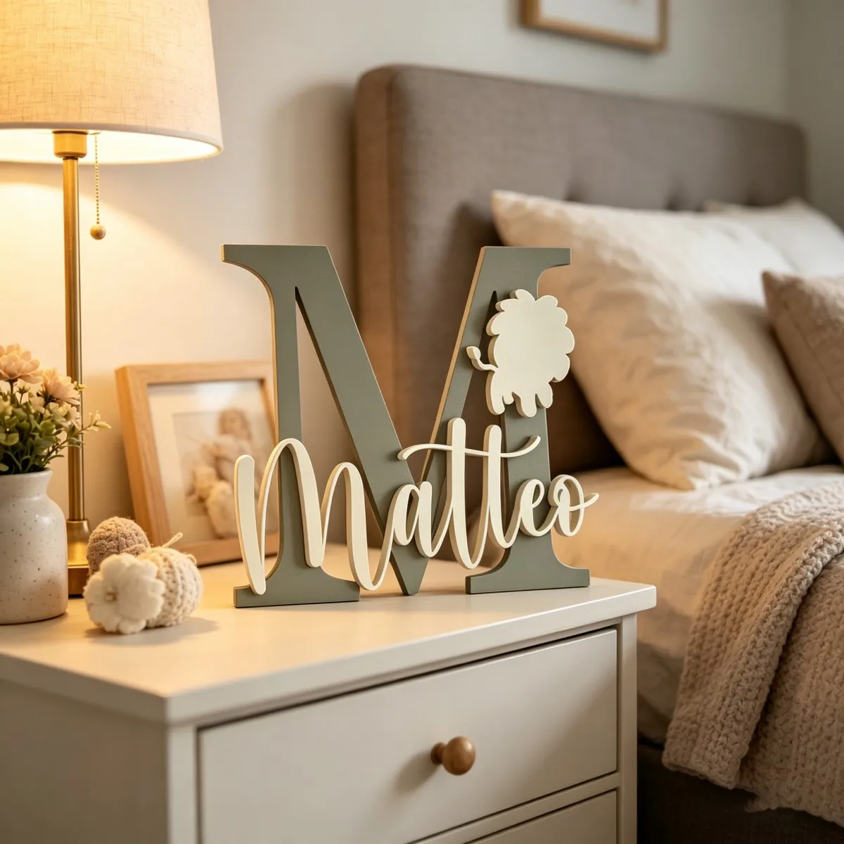 1 plaque nominative en bois personnalisée avec nom et initiales Lion, décoration murale ou de porte pour chambre d'enfant, peignable soi-même, cadeau d'anniversaire ou de mariage
