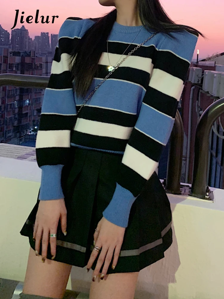 

Jielur Autumn New Contrast Color Street Pullovers Woman Sweet Ladies Show Thin Knitted Pullovers Woman Blue Green Korean Top