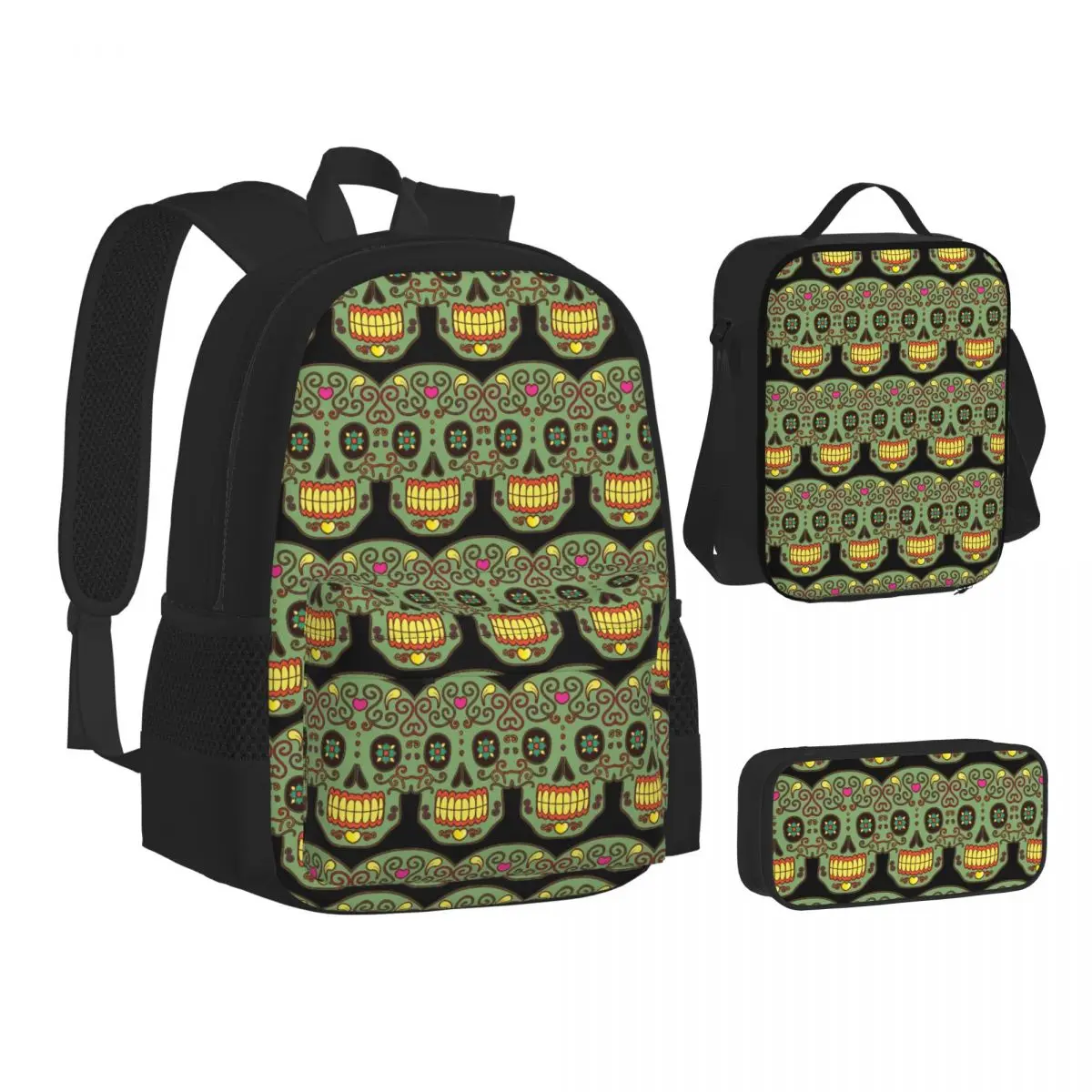 

Calaveras Sugar SkullBackpacks Boys Girls Bookbag Students School Bags Kids Rucksack Lunch Bag Pen Bag Three-Piece Set