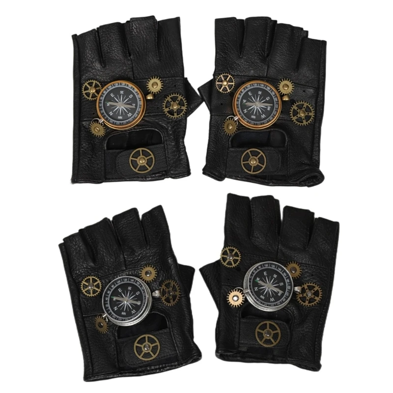 

Punk Gloves with Elegant Gears Gentlemen Half Finger Gloves Sheepskin Accessories for Male Female Stage