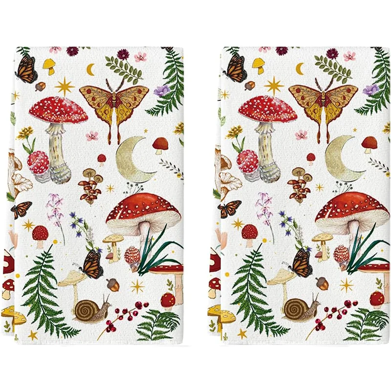 2Pcs, Mushroom Butterfly Kitchen Towels, 40Cm*60Cm Towel Set, Super Absorbent Soft Cleaning Cloth, Cooking and Baking Tea Towel, Hand Towel, Cleaning Cloth, Dishcloth, Kitchen Decoration, Living Room Decoration, Kitchen Essentials, Home Essentials