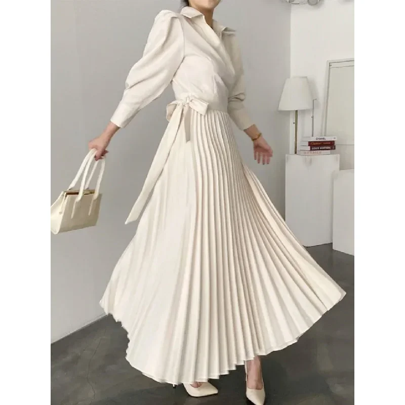 Gymystars Long Women Dresses and Travel White Shirt Dress New Casual Asymmetric Lapel Pleated Skirt Elegant  Female Party Robe