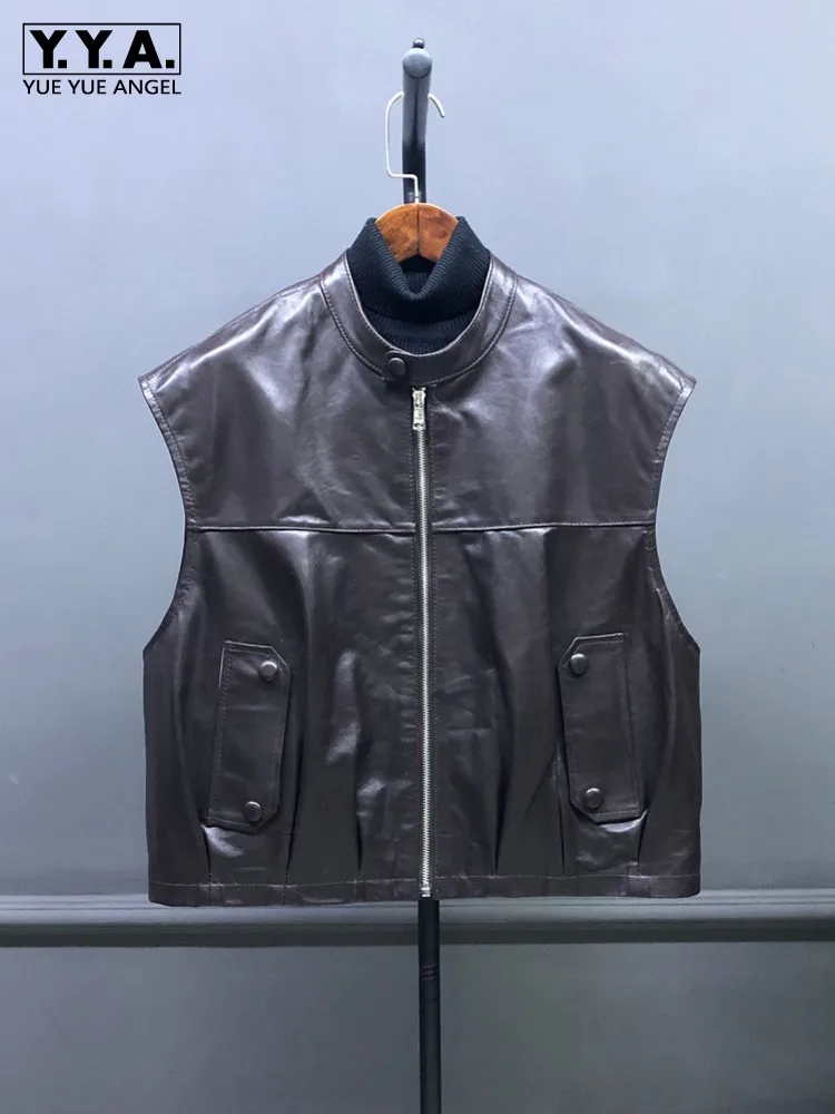 Spring New Women Loose Fit Sheepskin Genuine Leather Vest Sleeveless Jacket Stand Collar Zipper Motorcycle Biker Waistcoat Vests
