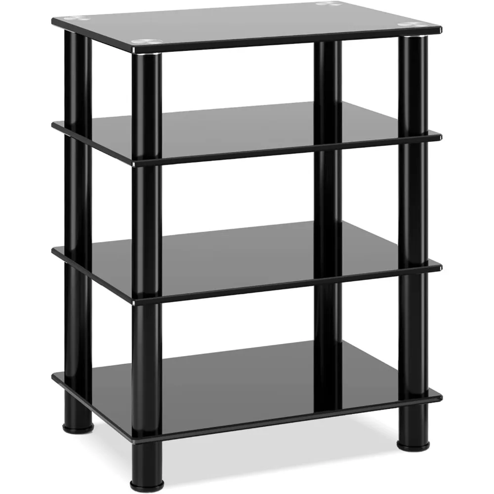 4-Tiers Media Compontent TV Stand Audio Video Tower Tempered Glass Shevles for TV, Xbox, Gaming Consoles, Media Component,