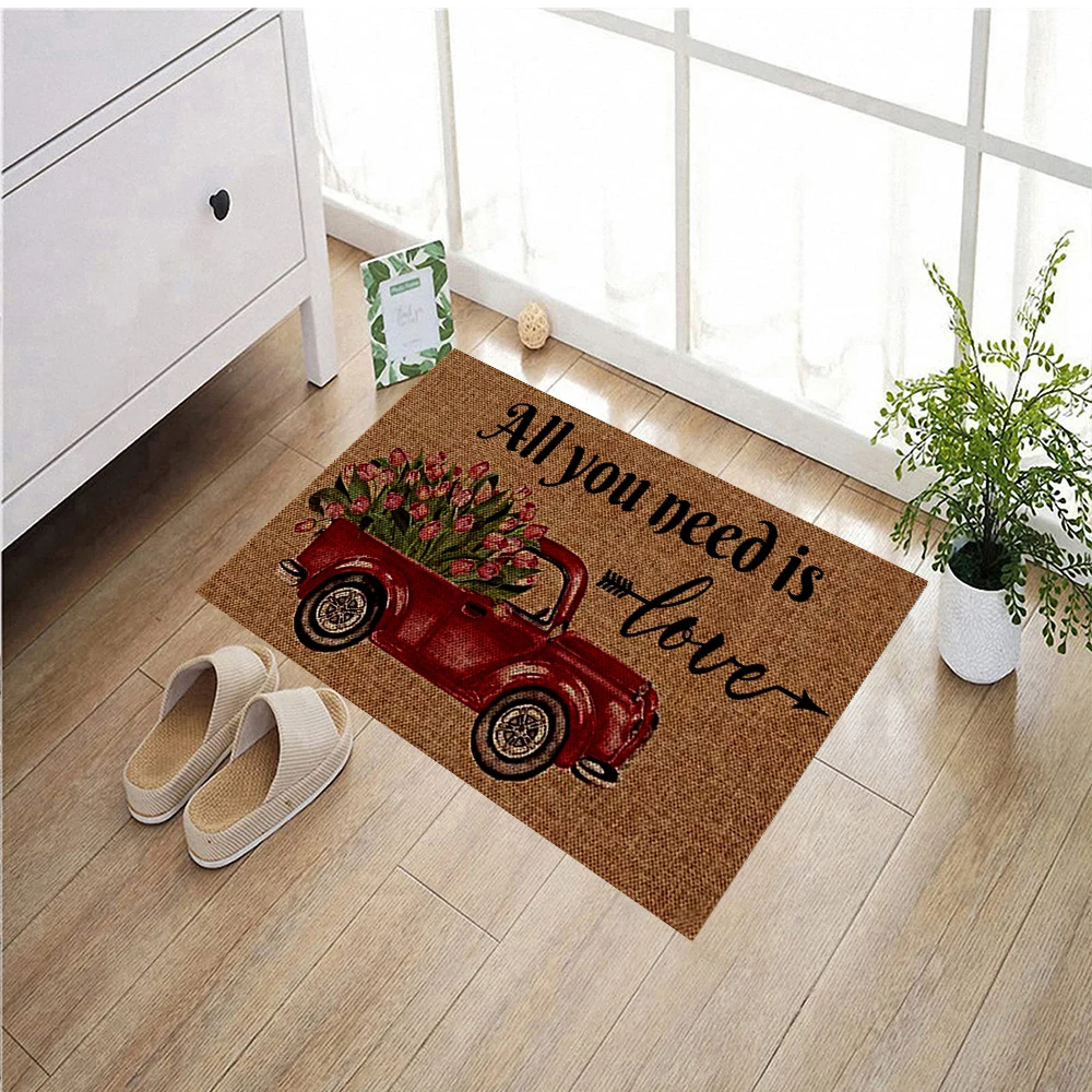 All You Need is Love Red Truck with Tulip Doormat Non-Slip Vintage Truck Entryway Mat Indoor Outdoor Decor Low-Profile Floor Rug
