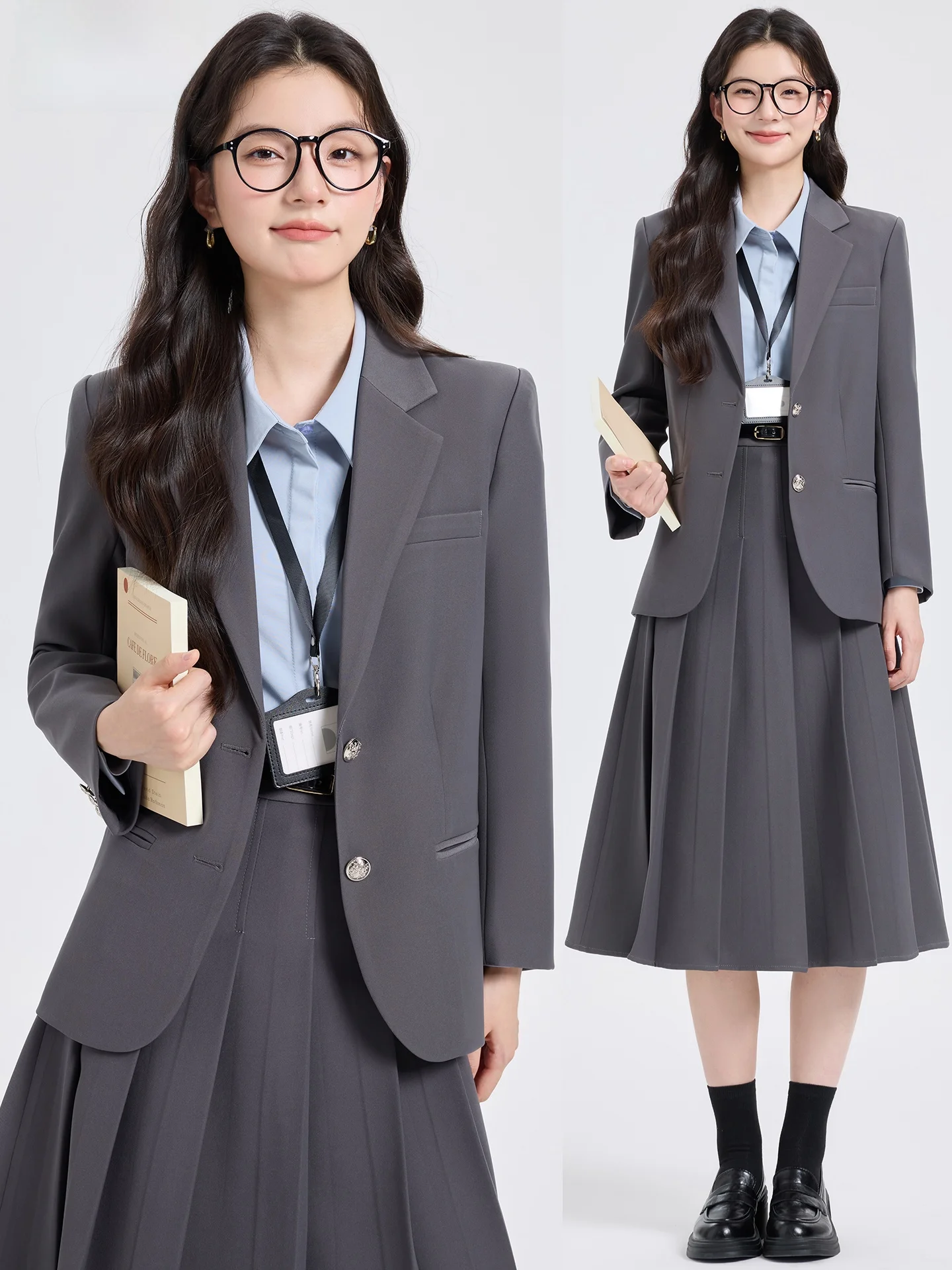 

Gray Suit Set Women's Casual High-End Feeling College Student Interview Clothing Skirt Two-Piece Set Buttoning Pure Color