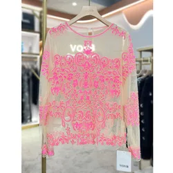 New Women Fairy Sequined Blouse Tops See-through Sexy Mesh Blusas Shirt Long Sleeve Beading Pink Black Elegant Tuxedo Blouses