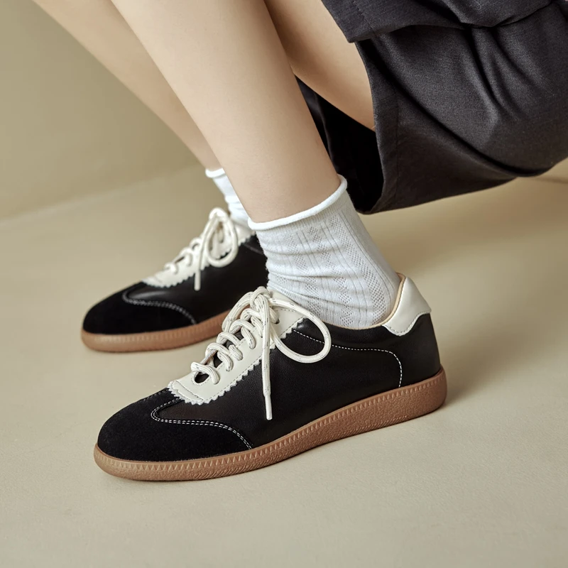 Cow Suede Retro Lace Up Casual Flat Shoes Women Comfort Shallow Autumn Footwear Female Genuine Leather Ballet Sneakers Women
