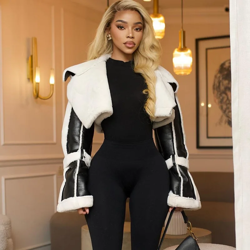 

Leosoxs 2025 Winter Women's Patchwork Blazer Short Coat Fashion Faux Fur Collar Full Sleeve Crop Jacket Outerwear Y2K Streetwear
