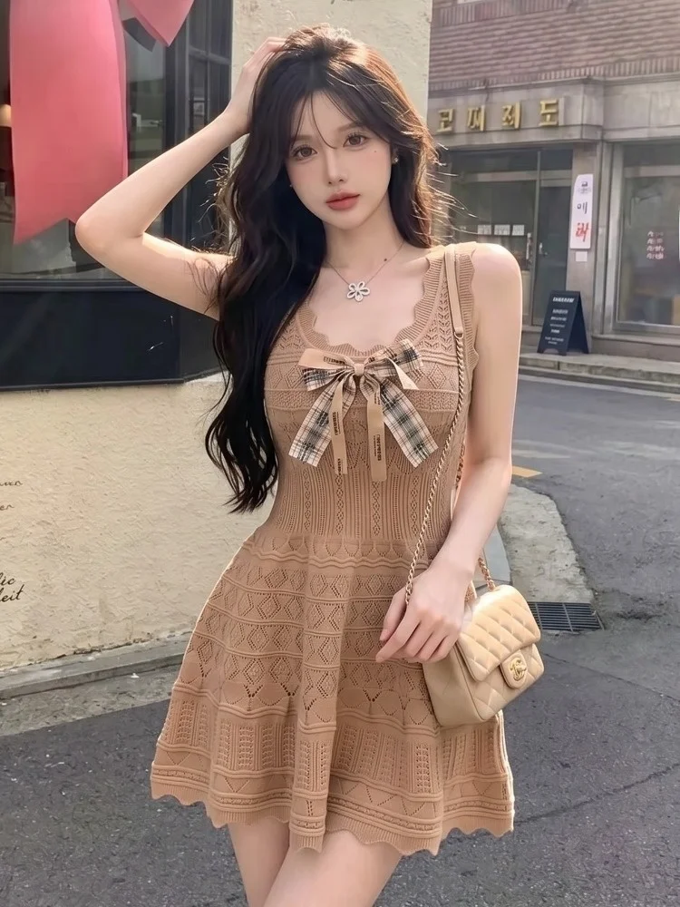 

Sweet Style Knot Waist Cinched Knitted Short Dress Women Summer Elegant Versatile Slimming Vest Dress Casual Lace S...