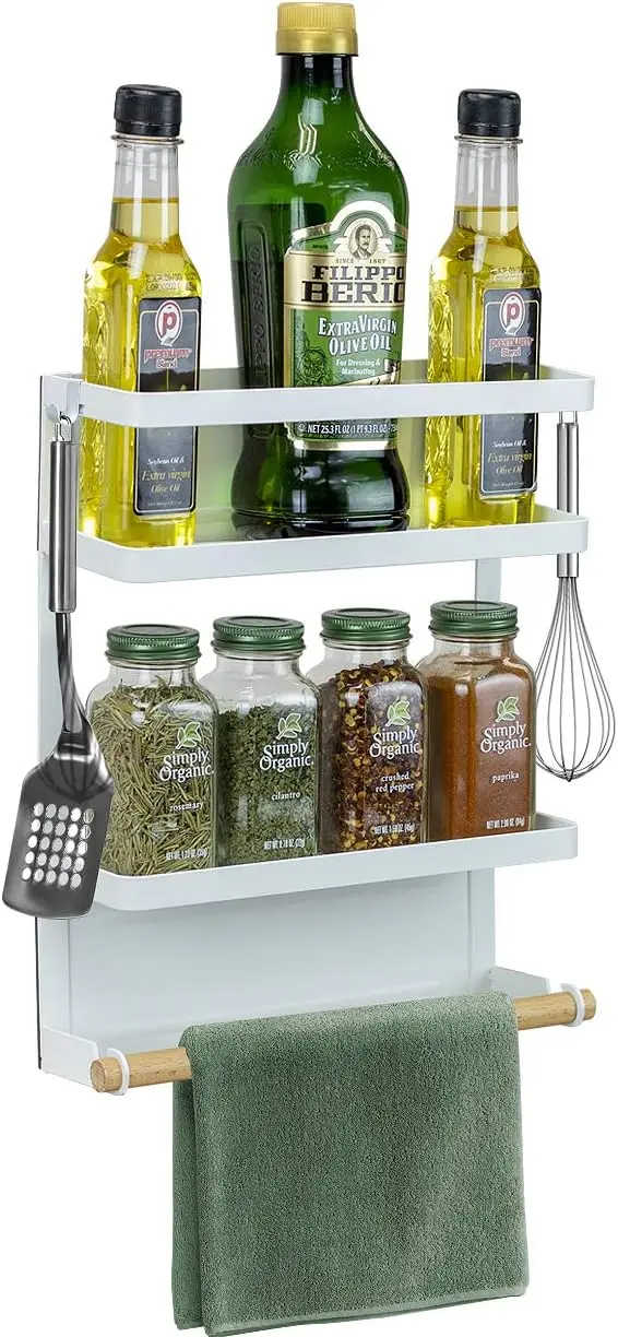 Magnet Spice Rack Organizer for Refrigerator, Magnetic Storage Shelf with Paper Towel Holders and 5 Hooks, Multi-purpose Medium