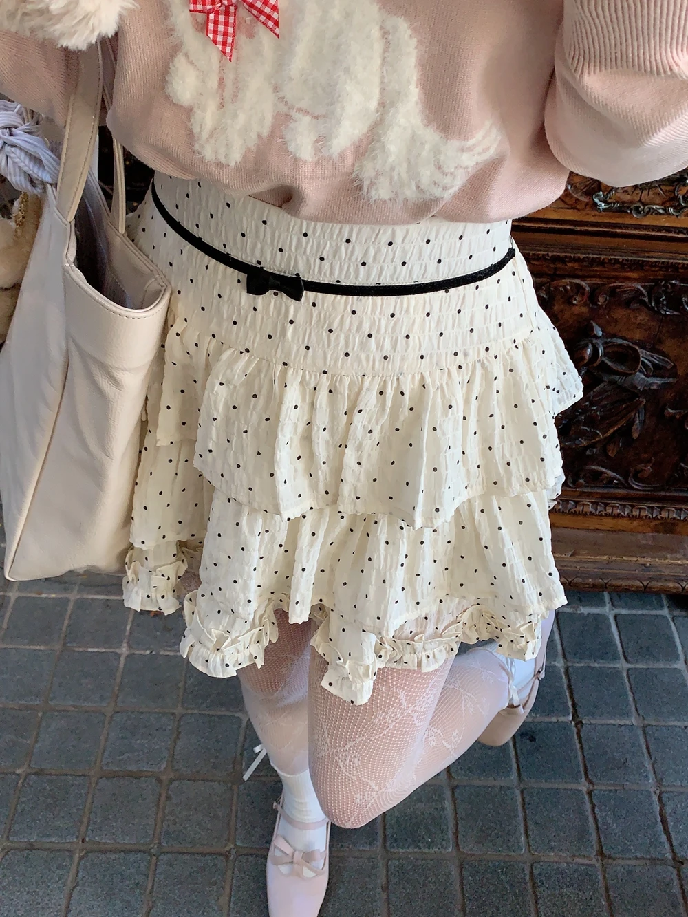 

Cute Velvet f Skirt with Bowknot And Wooden for Girls Sweet Sle High Waist Polka Dot Pattern ort Skirt Polyester ...