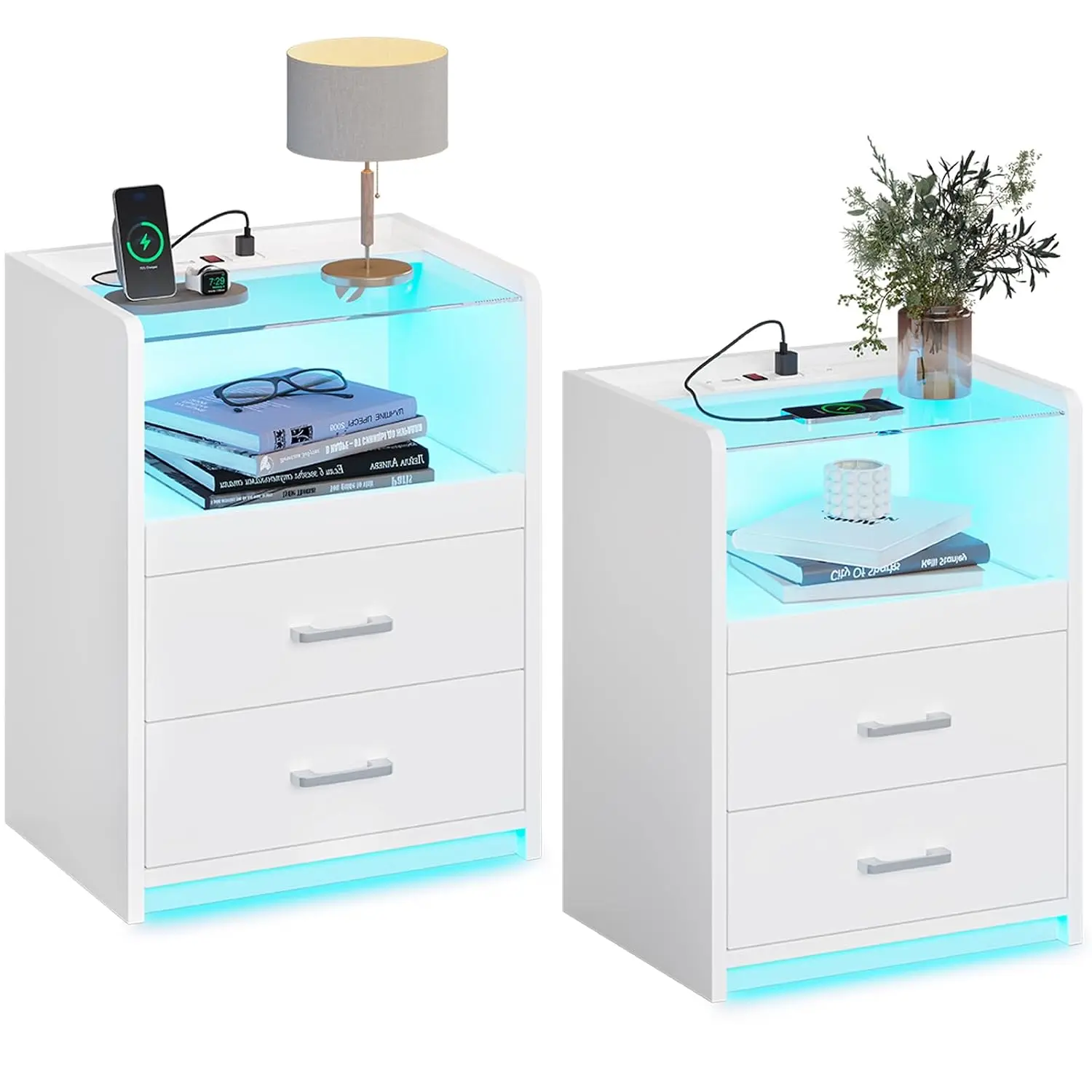 LED Nightstand with Charging Station, Pull-Out Shelf & 2 Drawers, Bedside Table with USB & LED Light, White, 2 Pack, Customized