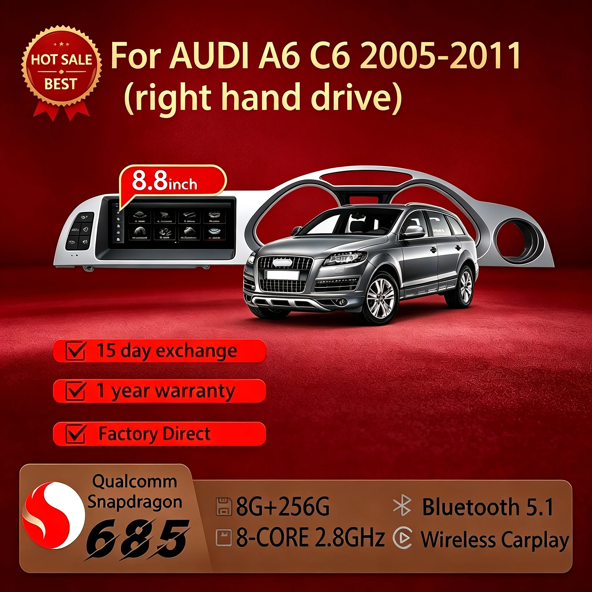 8.8 inch Right Hand Drive For AUDI A6 C6 2005-2011 Car Radio Multimedia Touch Screen Android 14 GPS Navi Snapdragon 680 Carplay