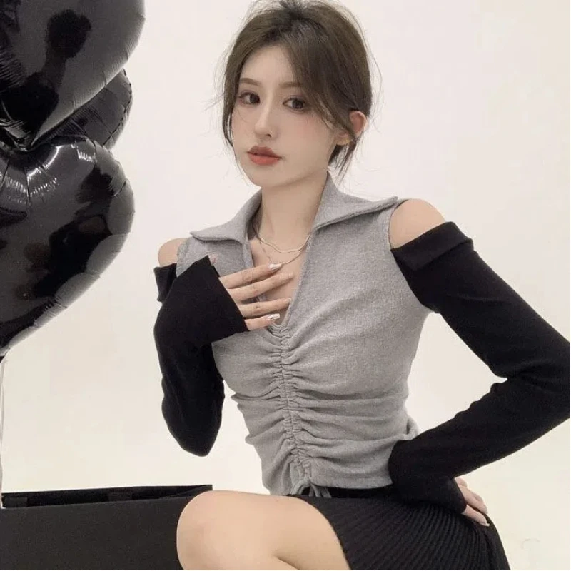 Y2K Drawstring Short T Shirts Spring New Long Sleeve Contrast Patchwork Off Shoulder Lacing Tops Sexy Fashion Women Clothing