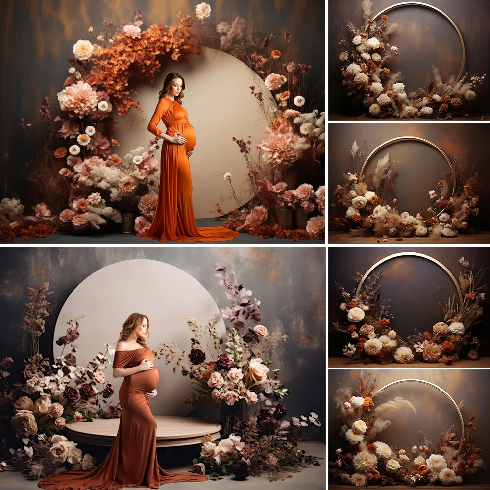 Boho Pampas Style Photography Backdrop Maternity Party Portrait Round Ring Flower Background Cake Smash Decor Photo Studio