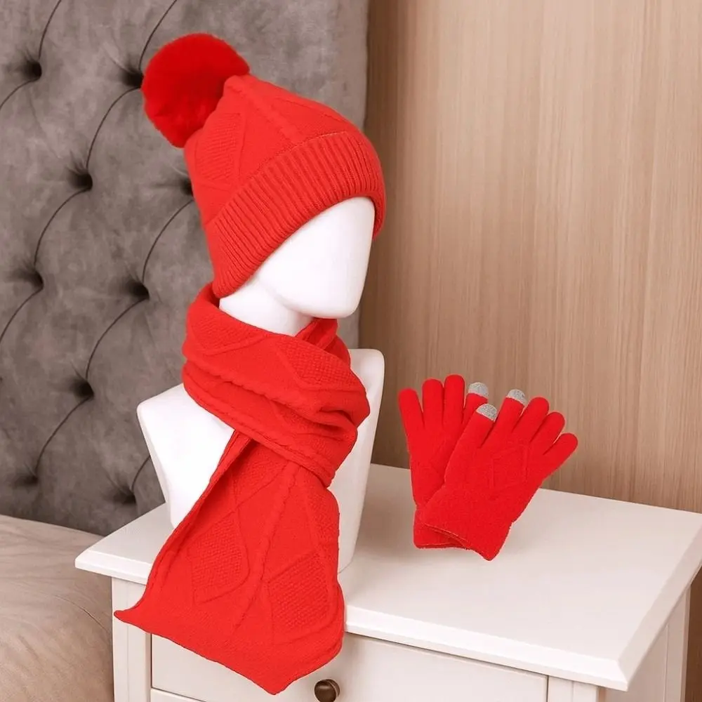 Fashion Elastic Scarf and Hat Set Touch Screen Warm Woolen Hat Solid Color Plush Ball Pullover Cap Cycling