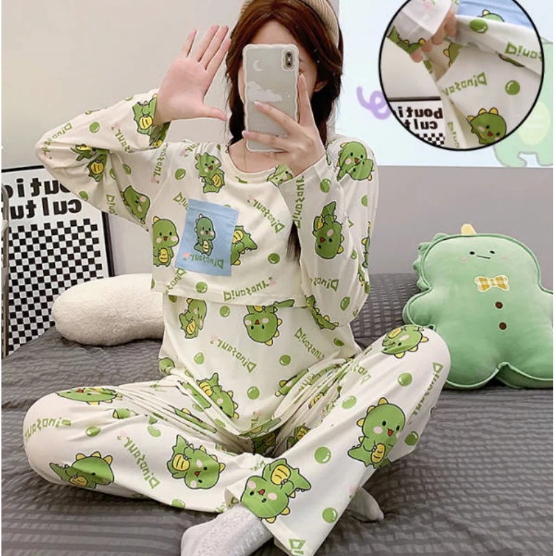 Maternity Homewear Women Clothing Lovely Cartoon Long Sleeve Breastfeeding Mouth Top+Adjustable Pant Women Nursing Pajama 2PCS