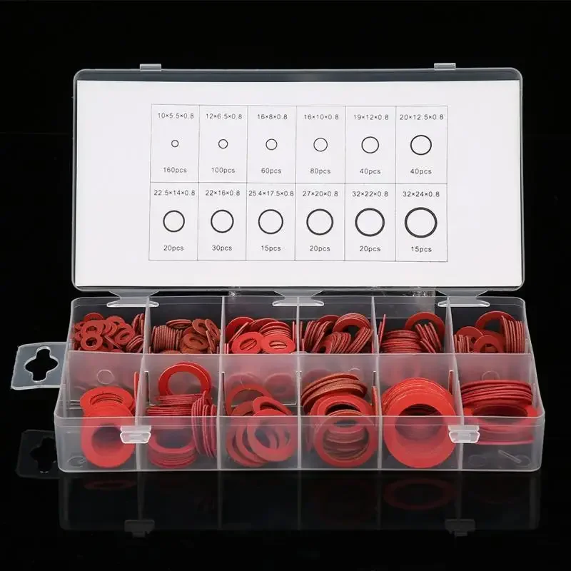 600pcs 12 Sizes Red Steel Paper Fiber Flat Washers Kit Insulation Copper Washer Gasket with Box Wholesale