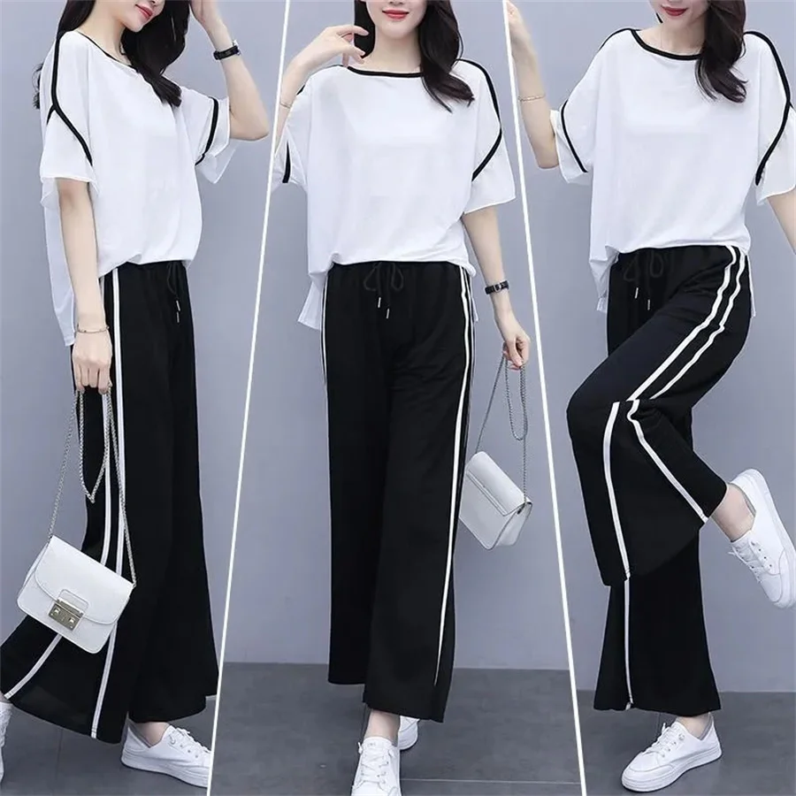 2022 New Short Sleeved Wide Leg Trousers Two Piece Set Fashion Loose Casual Sports Suit Women