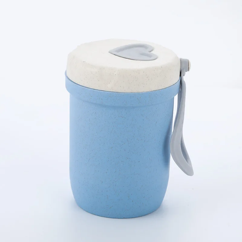 1pcs wheat straw insulation breakfast cup student sealed soup cup Congee cup portable mug gift（blue）