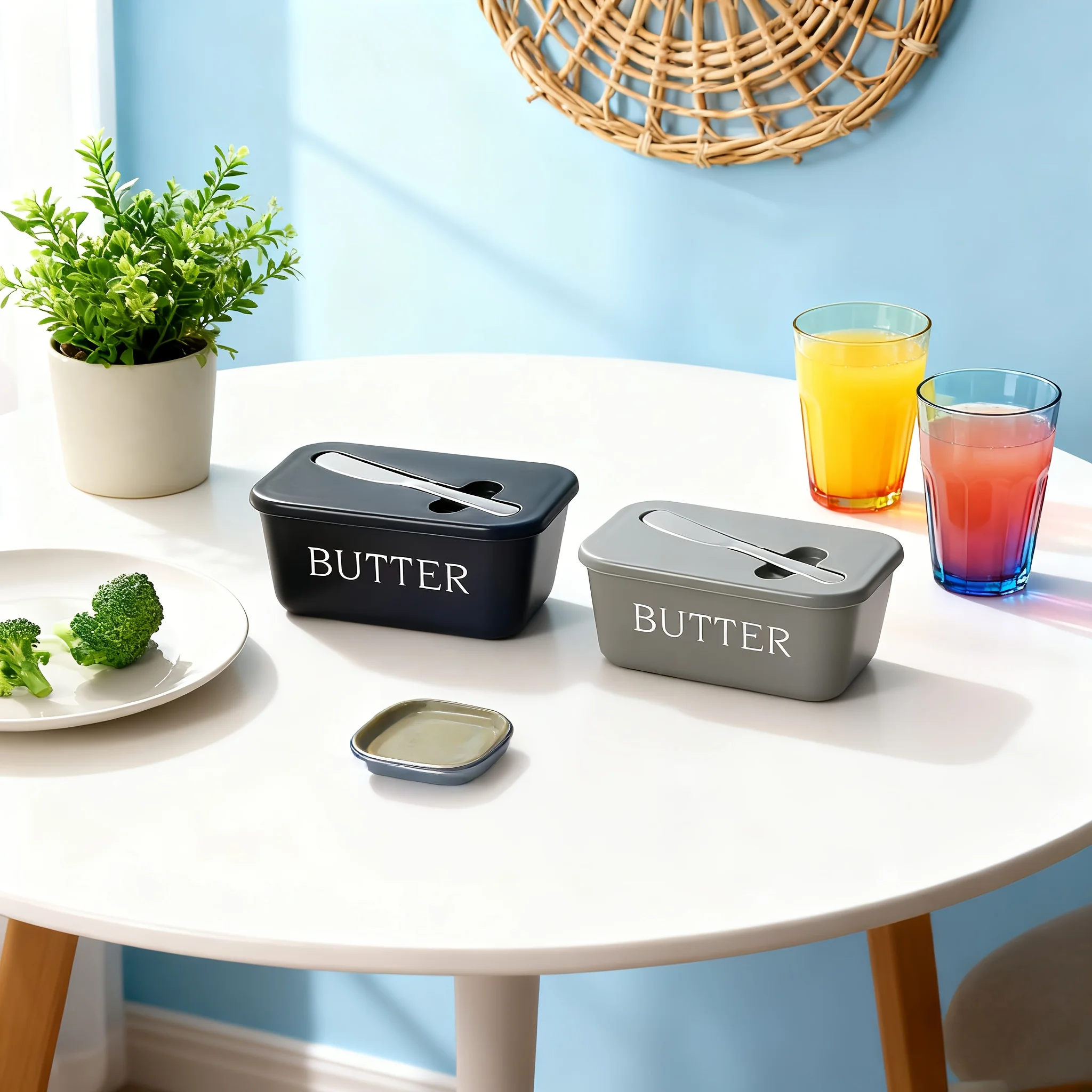 طبق زبدة حديث وبسيط مع سكين، صندوق تخزين زبدة PP ذو سعة كبيرة، منظم ثلاجة، أداة المطبخ