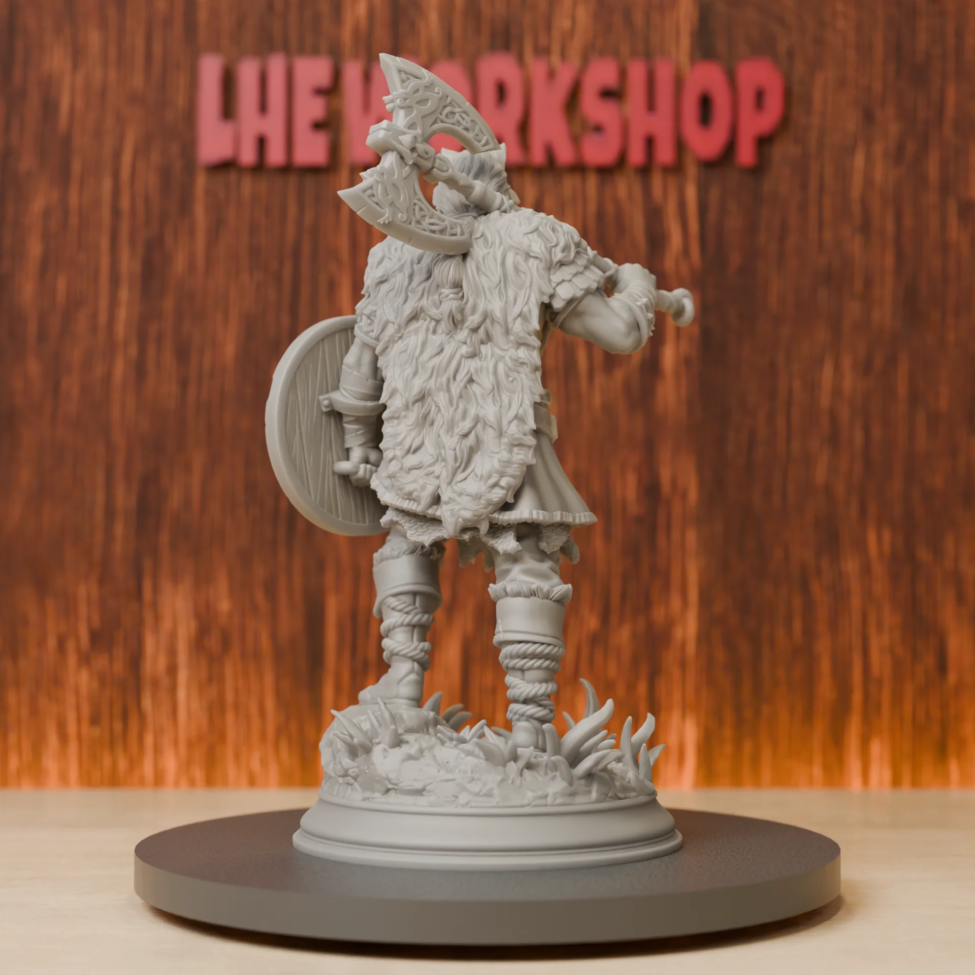 Wolf-Masked Barbarian with Axe Shield Miniatures | 28mm-75mm | Resin 3D Printed DND Pathfinder Mini | Unpainted Grey