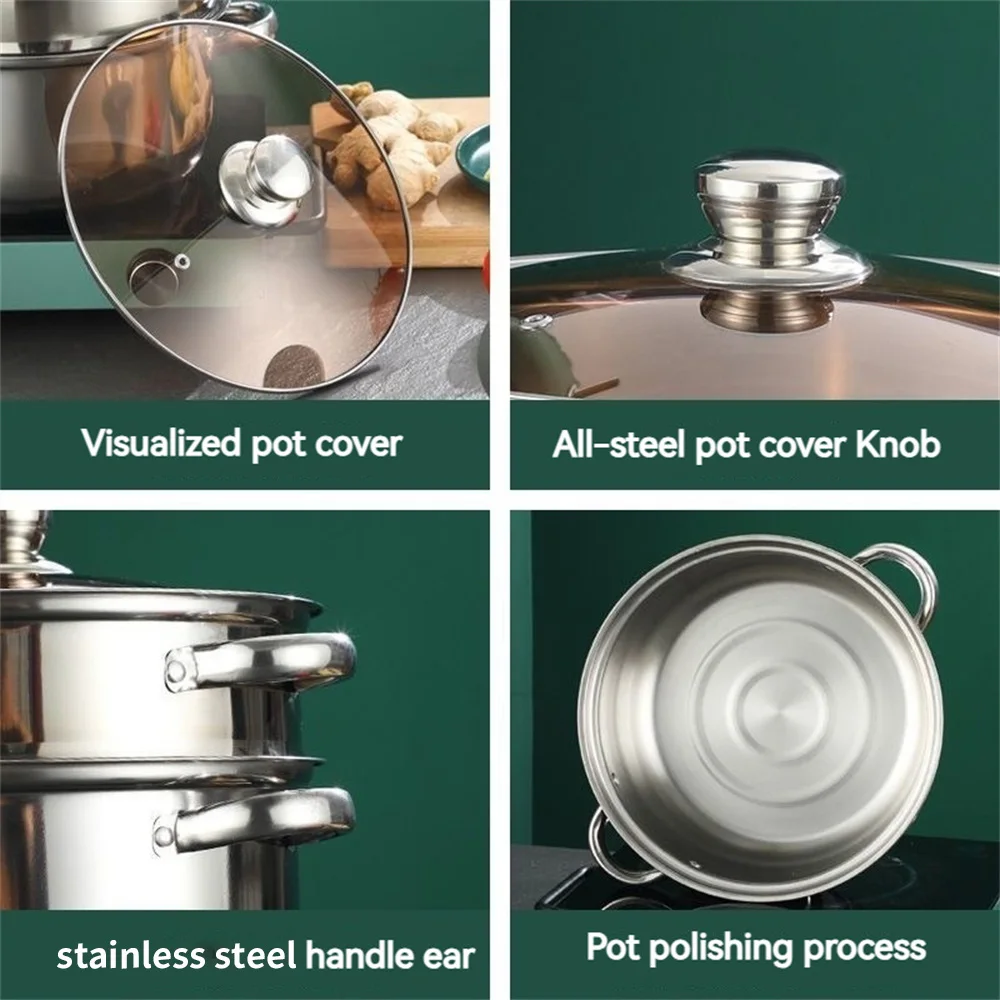 أدوات طبخ مقاومة للحرارة مقاس 9.45 بوصة، قدر بخاري كبير من الفولاذ المقاوم للصدأ وعاء حساء 2 في 1، مناسب للطباخ التعريفي
