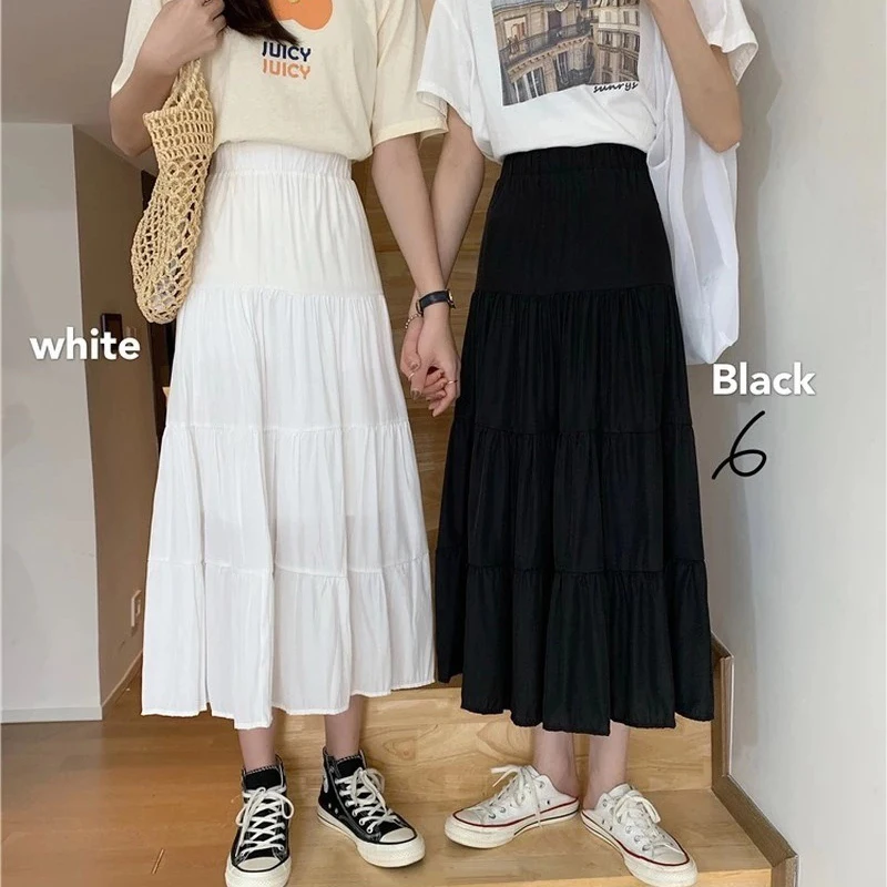 

New Patchwork White Black Spring Summer Women Chiffon Skirts High Waist Elastic A-line Skirt
