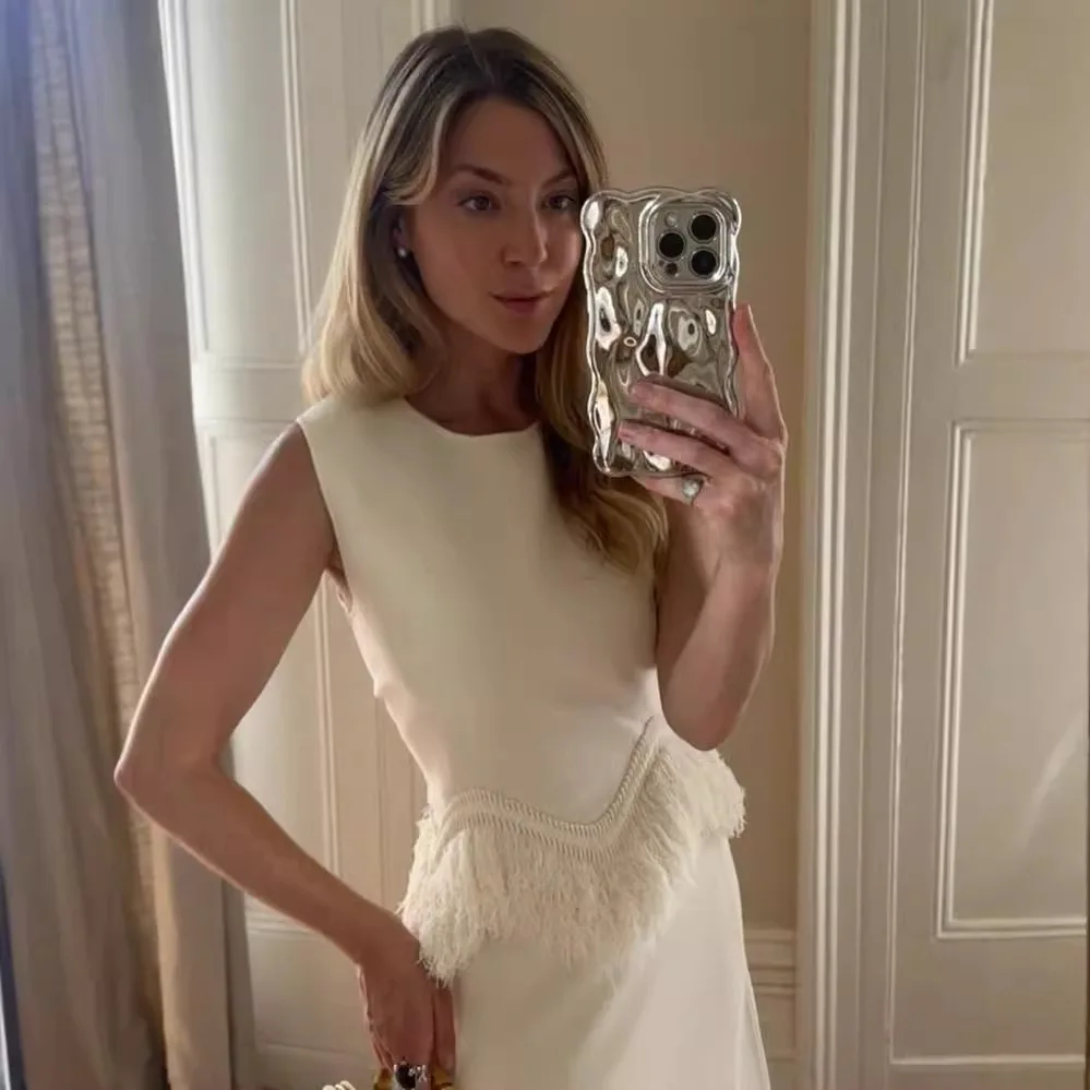 Elegant Tassel Splicing Two Piece Set Spring Women O-neck Sleeveless Top+High Waist Irregular Knee Length Skirt Female Outfit